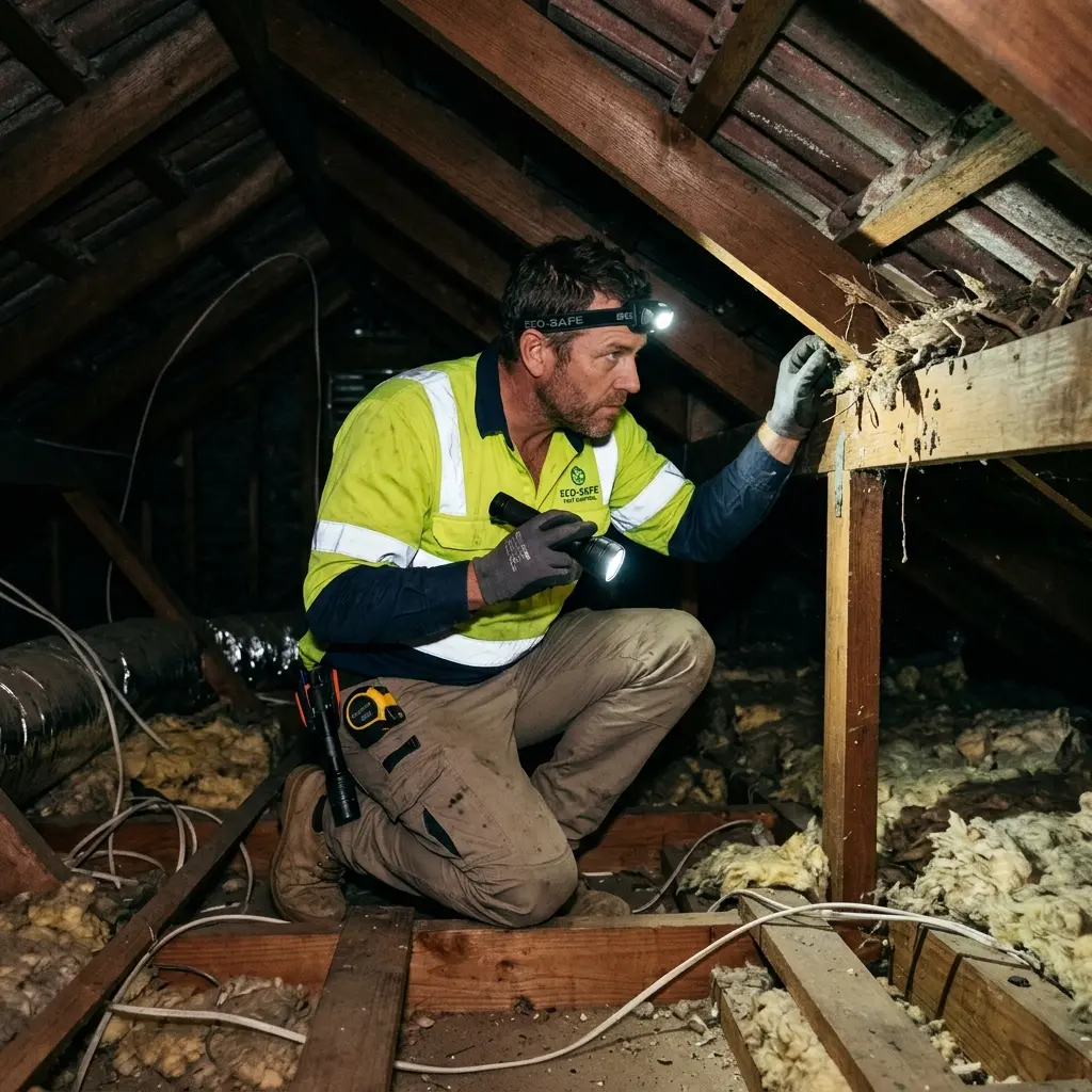Technician inspecting a Coburg subfloor void for a deceased cat